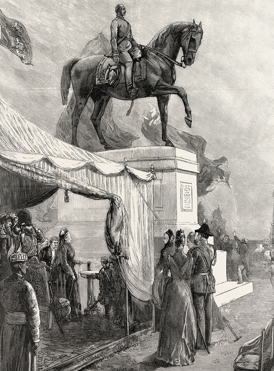 An 1890 engraving of the Prince Consort Statue in Windsor Great Park.