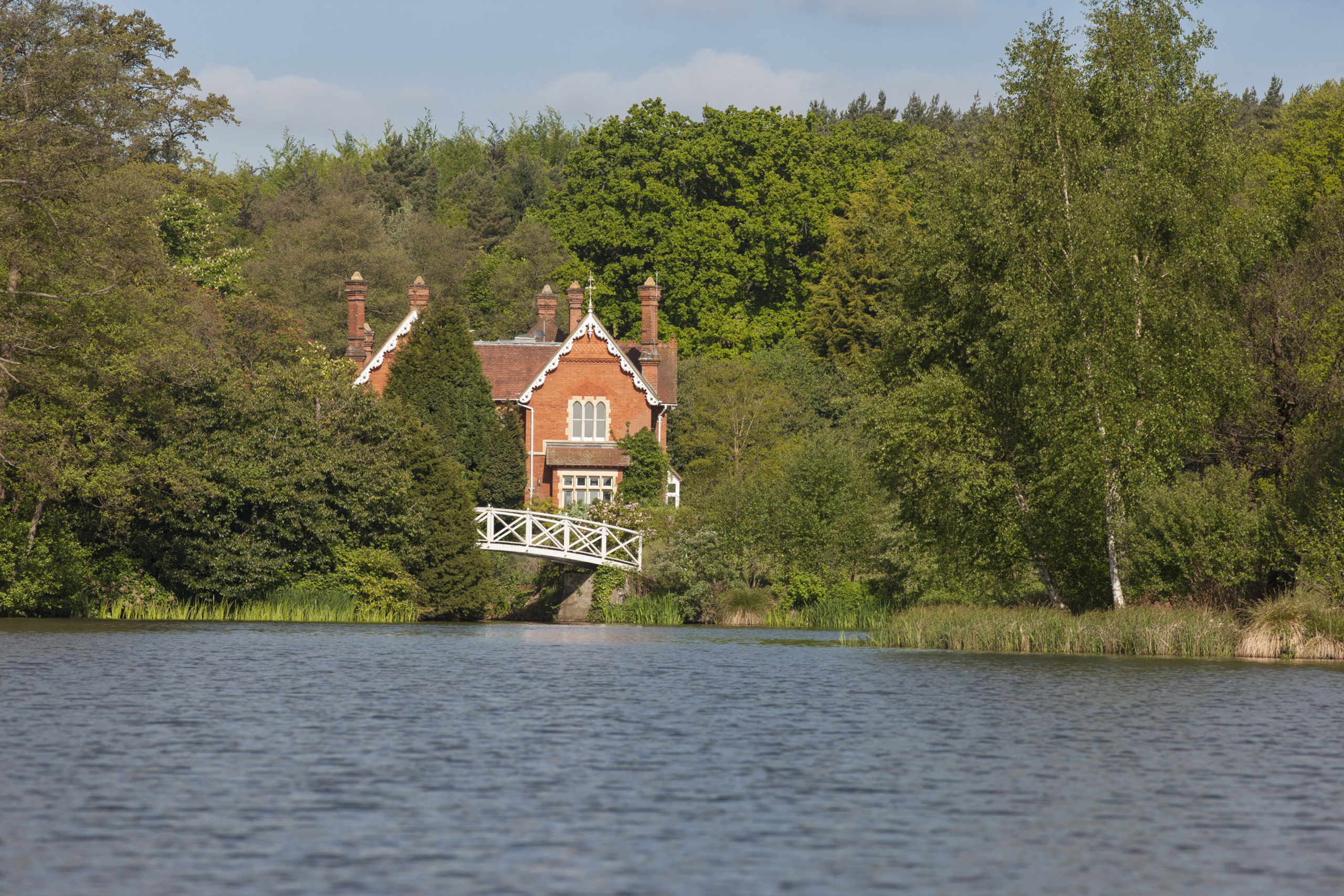A property across a lake with a backdrop of trees and sunny skies