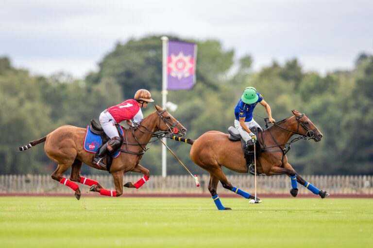 Two people on horseback playing polo.