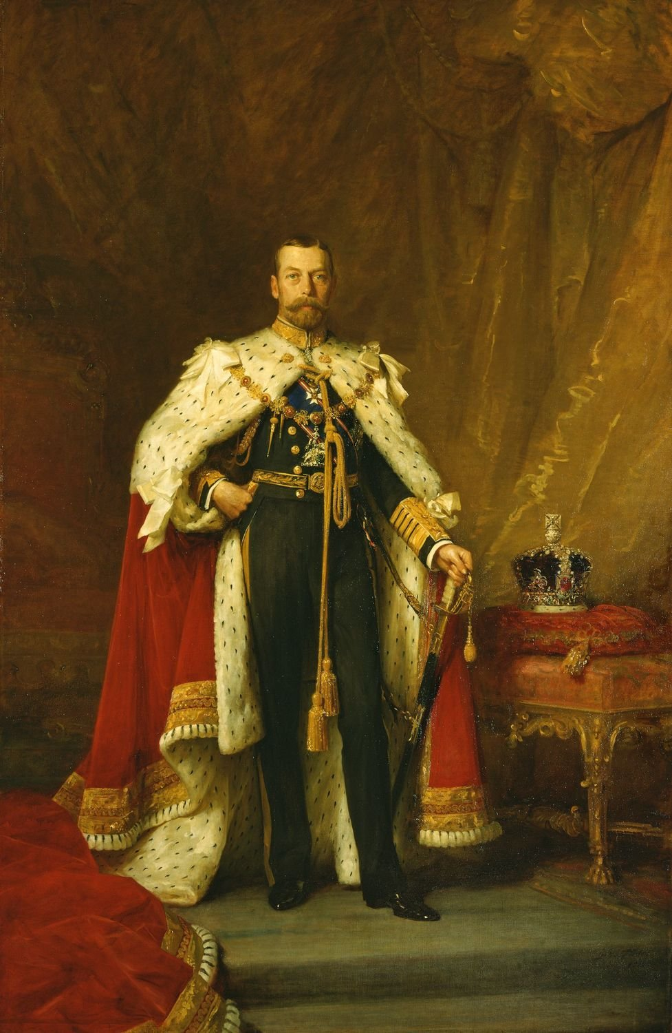 Artist portrait of King George V, dressed in a military uniform and a long flowing robe.