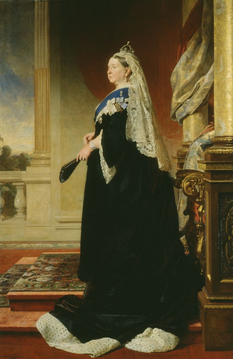 Artist portrait of Queen Victoria (r.1837-1901). She is shown wearing a crown, and in a long, regal dress.