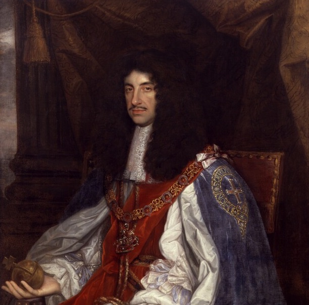 Portrait of King Charles II. He is painted in regal clothing, with a solemn expression.