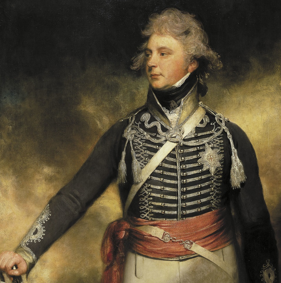 Portrait of King George IV by Sir William Beechey. The King is painted wearing an ornate military uniform of black material and silver embroidery.