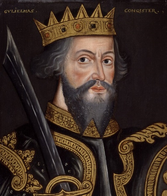 Portrait of William The Conqueror (William I). He is wearing a crown and holding a sword.