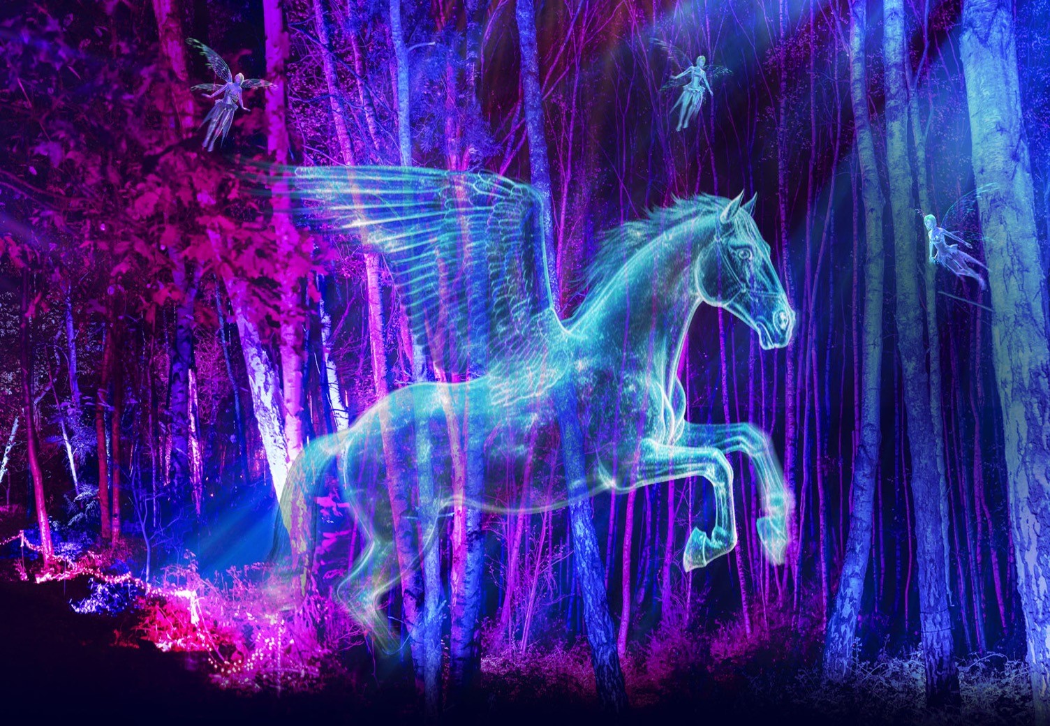 Hologram of a horse with wings and fairies.