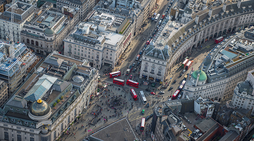 Aerial photograph of Piccadilly Circus in Central London.