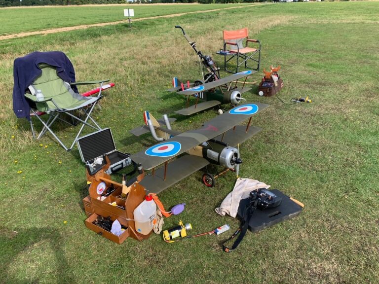 Two model aircraft in a field.