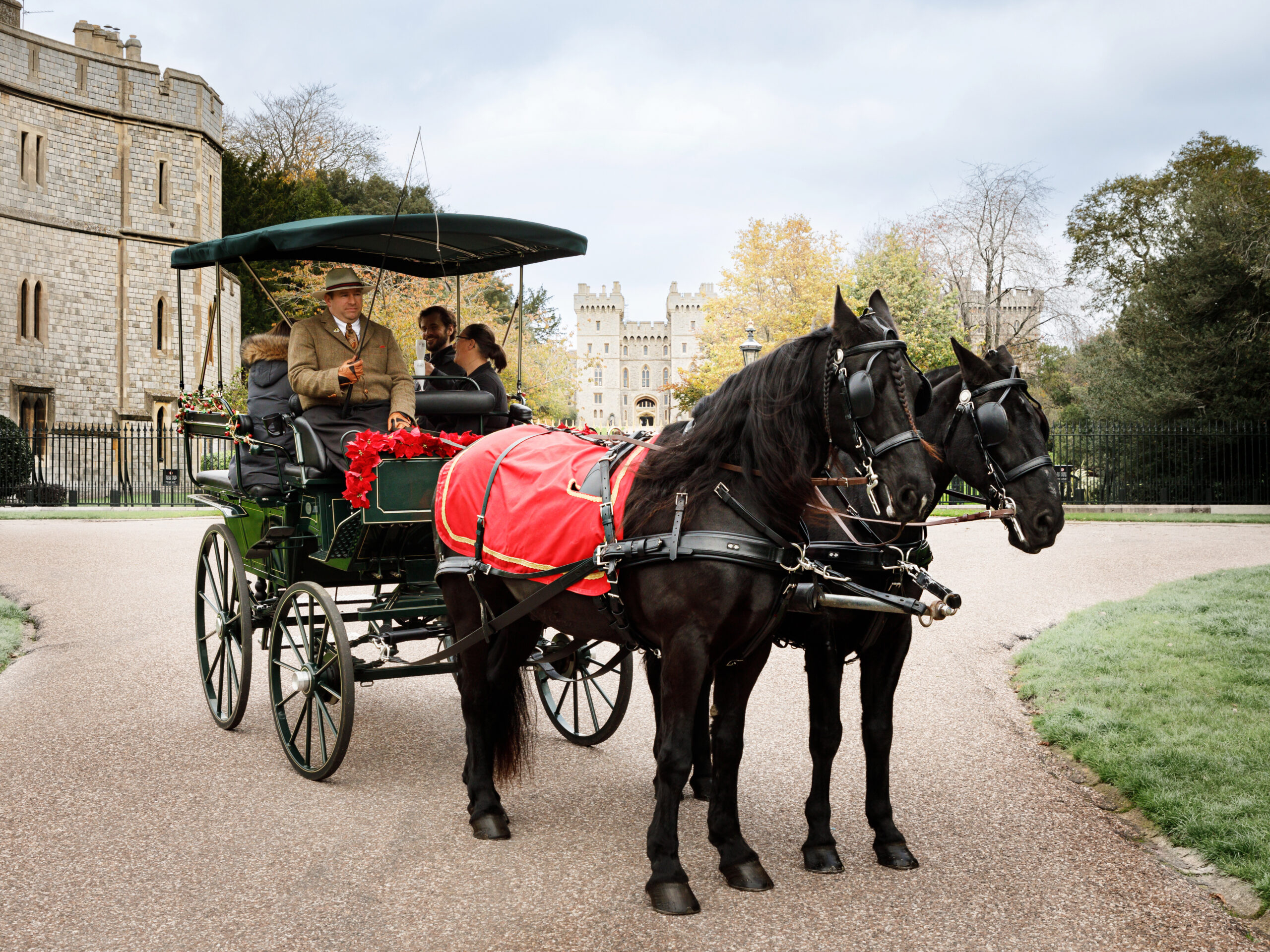Windsor Carriages on the Long Walk for Christmas, carrying passengers from Windsor Castle.