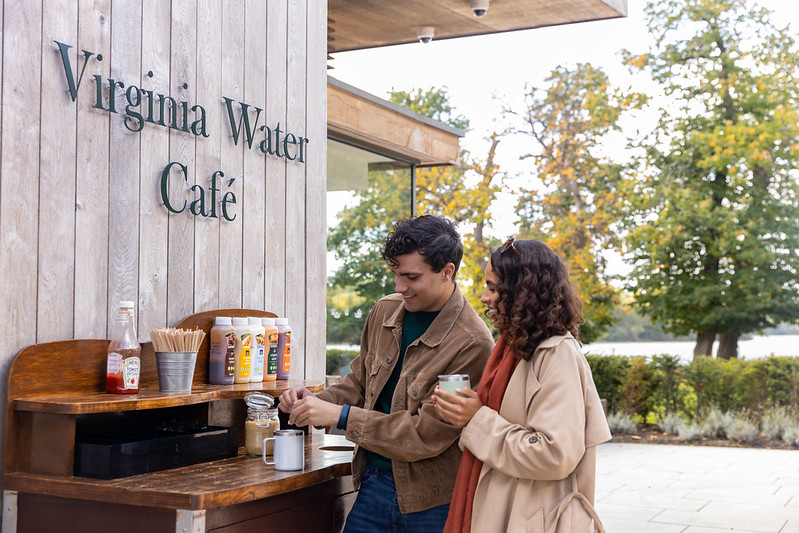 Couple outside the entrance to Virginia Water Café.