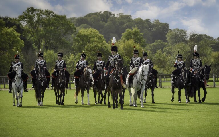 HAC Cavalry on Ceremonial Parade, on grass with trees in the background.