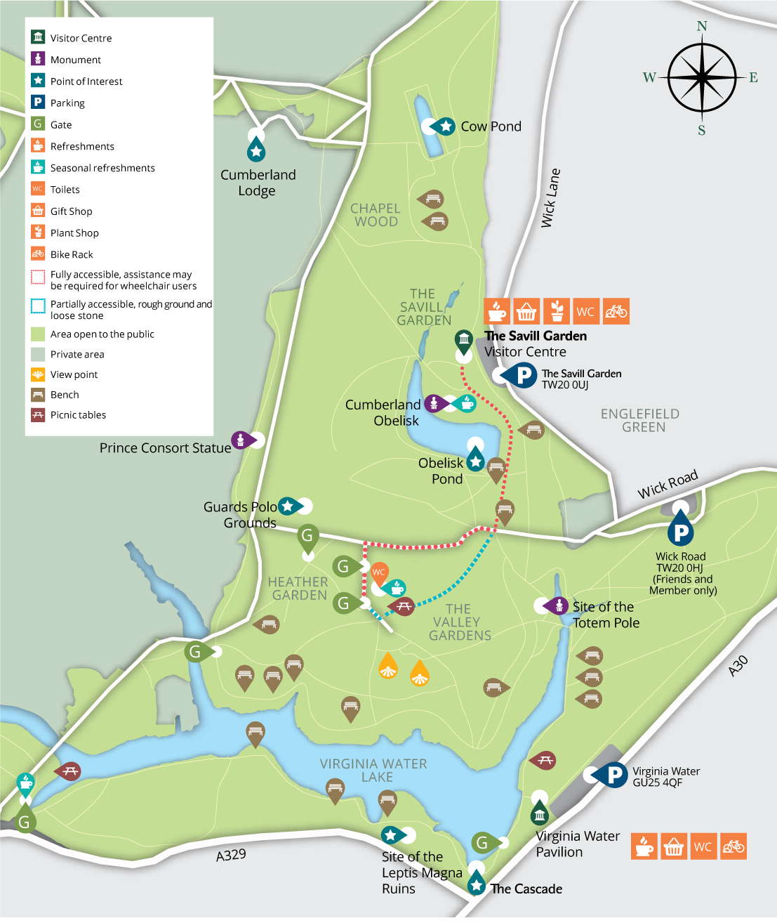 A walking route map from The Savill Garden to The Valley Gardens.