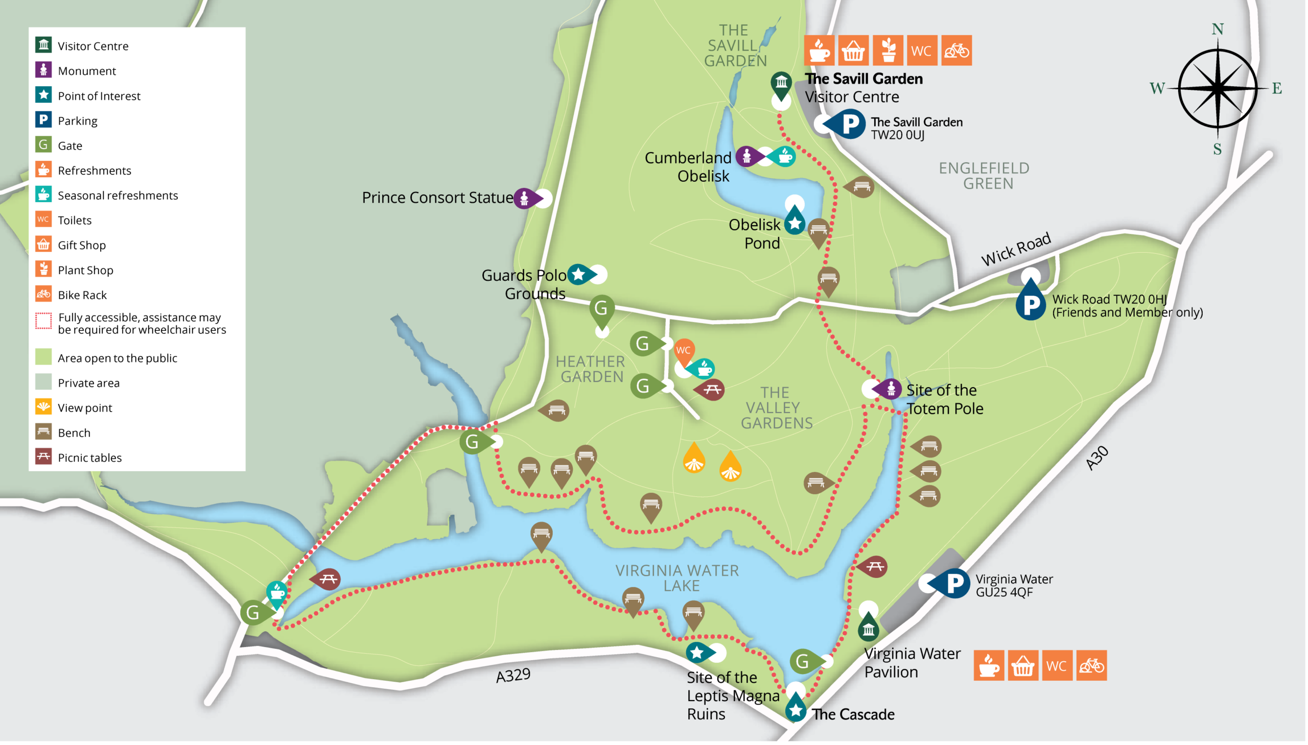 Walking map to show the route from The Savill Garden to Virginia Water.