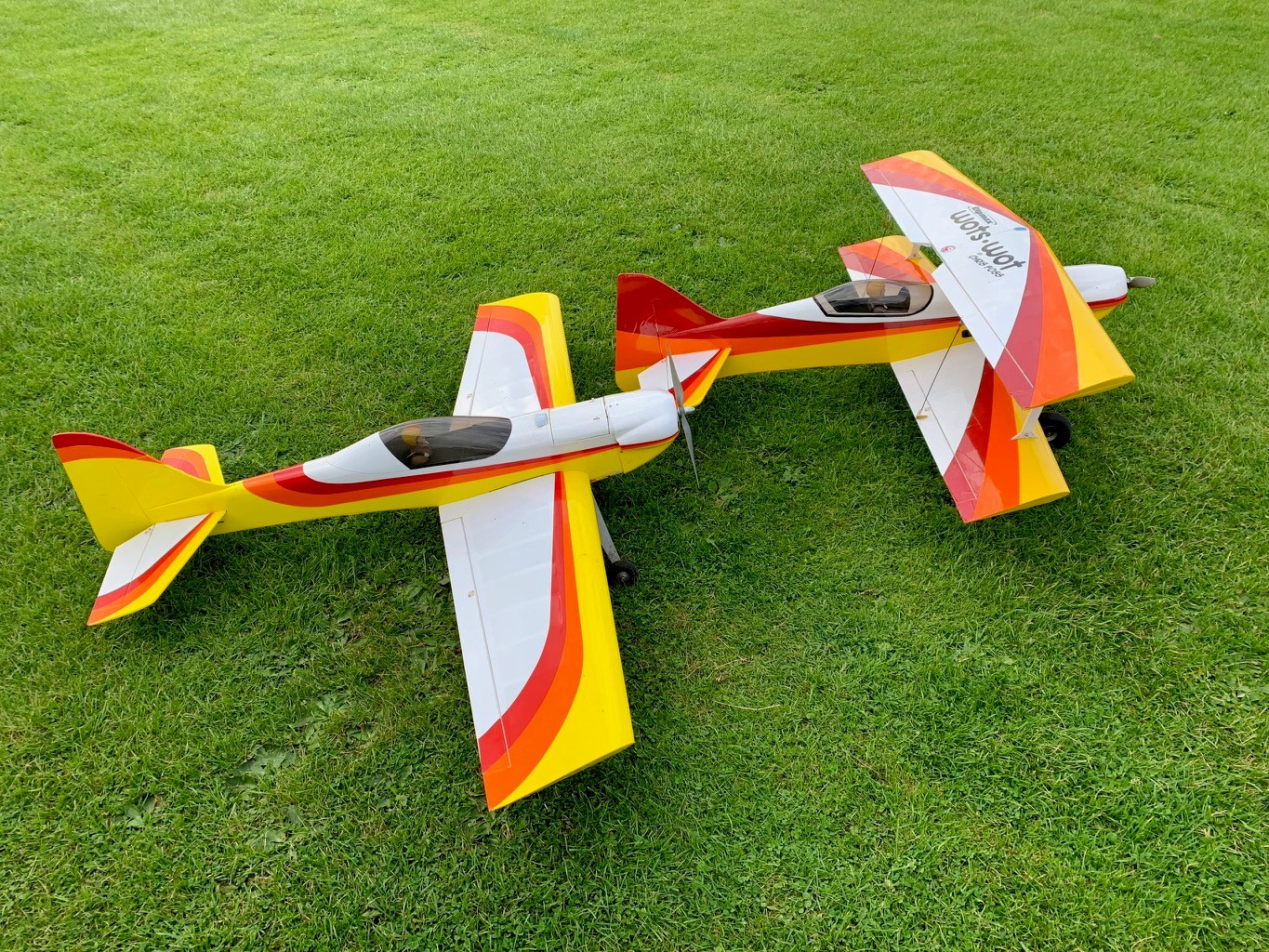 Two brightly coloured model aircraft in a field.