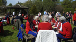 People wearing clothing in red, white and blue in an outdoor space with green grass and blue sky. Some are sitting around wooden tables, others are standing.
