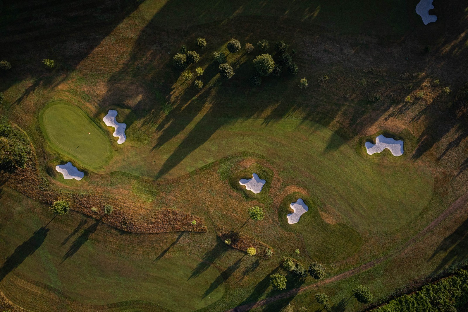 Aerial view of The Royal Ascot Golf Club with bunkers and trees.