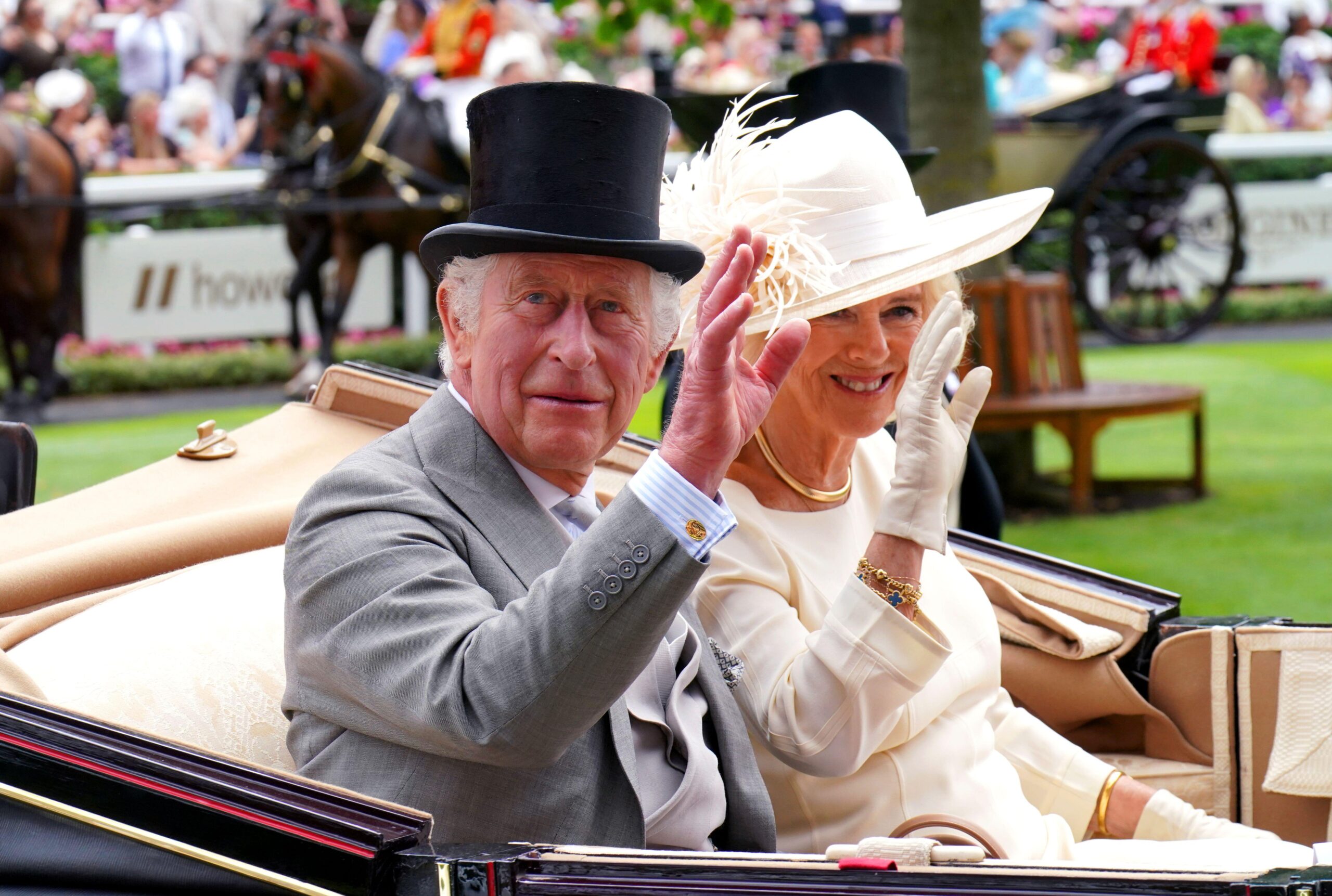 King Charles III and Queen Camilla arrive by carriage for day five of Royal Ascot at Ascot Racecourse, Berkshire. Picture date: Saturday June 24, 2023.