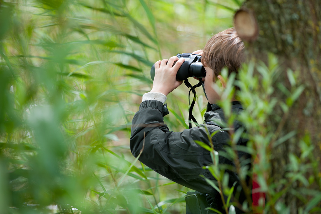 Young child surrounded by green foliage using binoculars.