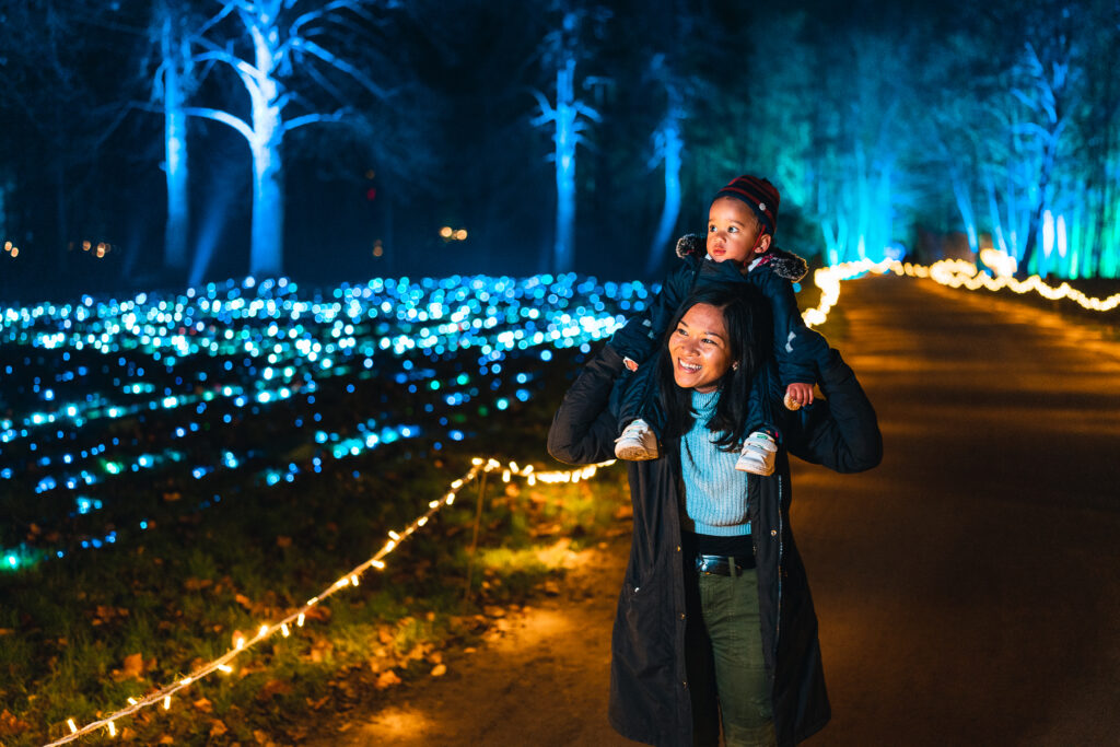 Young child on shoulders of adult surrounded by sparkly lights in the ground and in the trees.