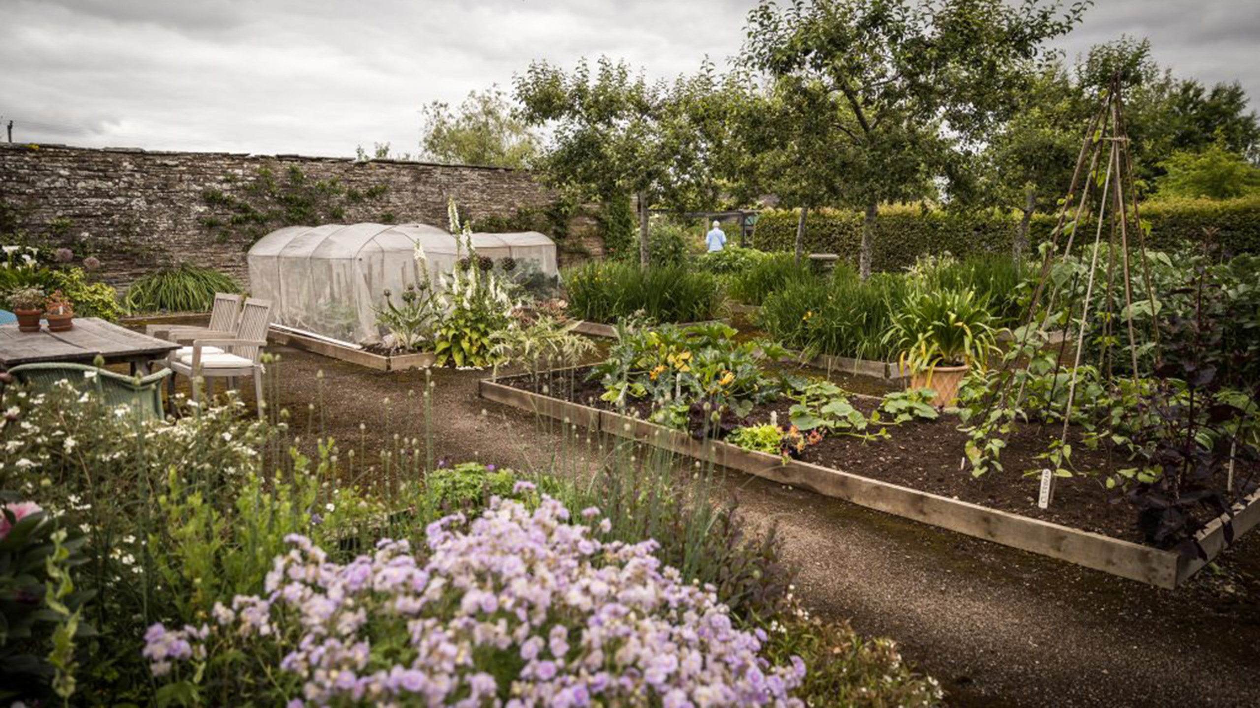 A vegetable garden with several vegetable patches surrounded by a brick wall