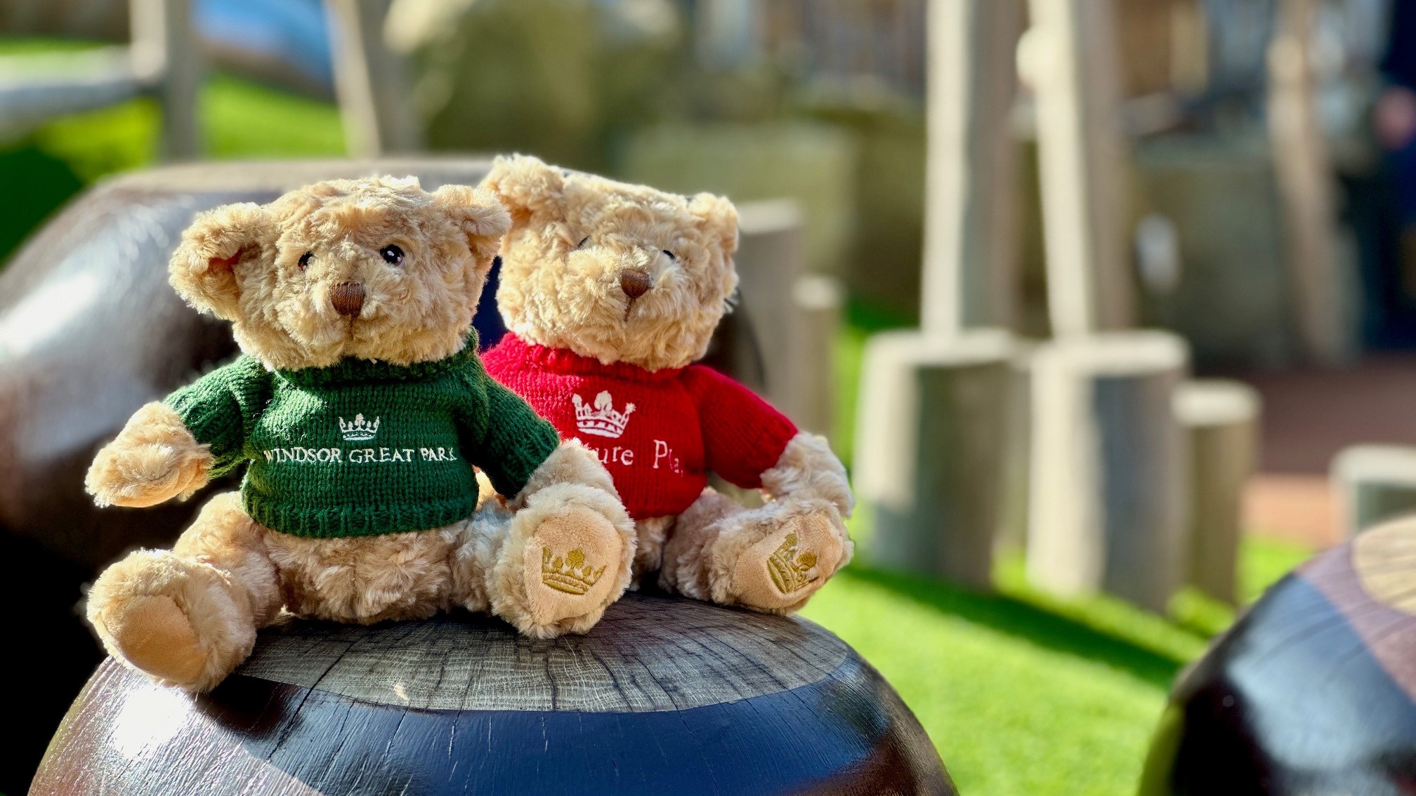 Two plush bears. One with a green jumper and one with a red jumper.