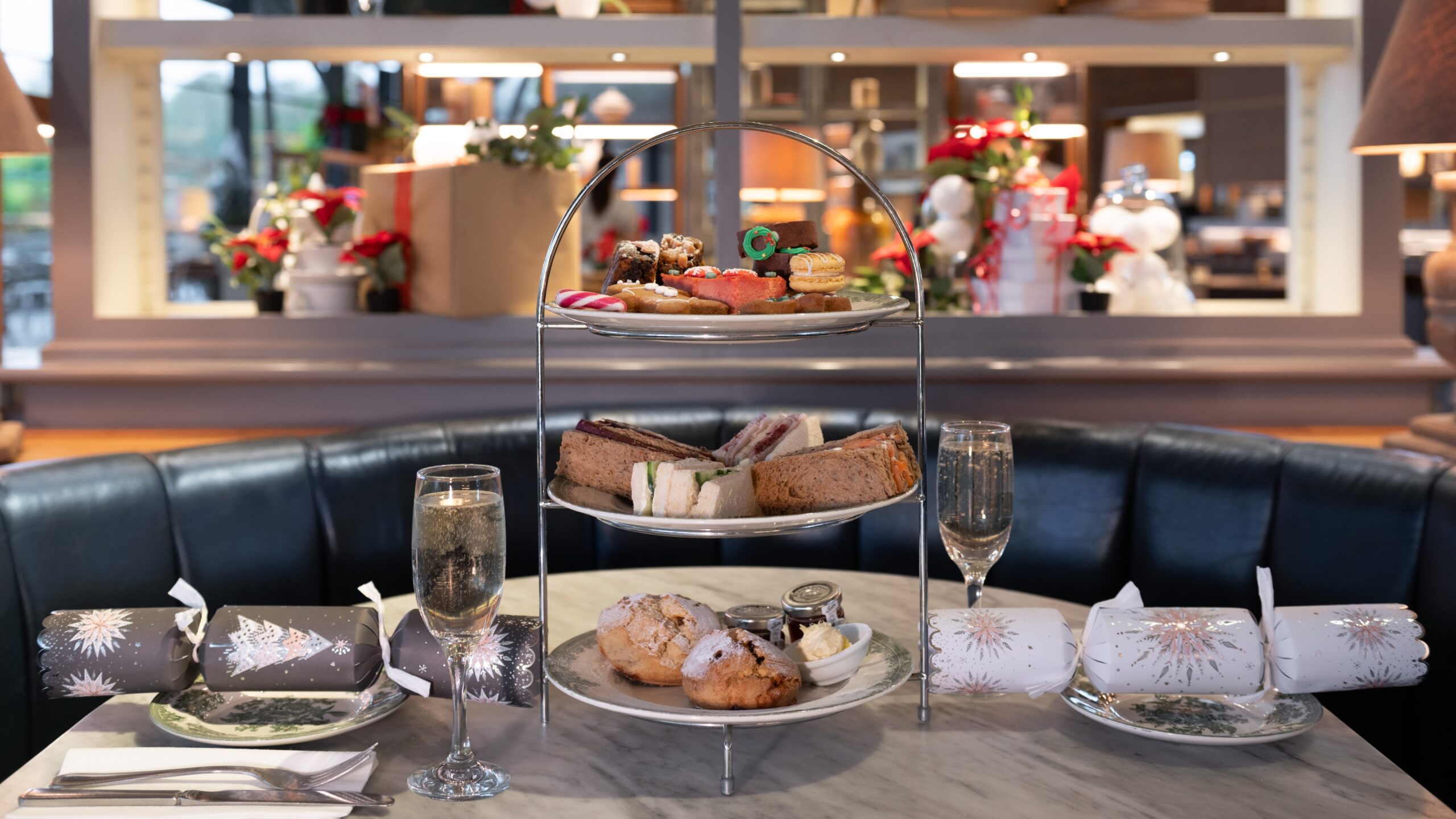 Christmas Afternoon Tea setting with Prosecco.