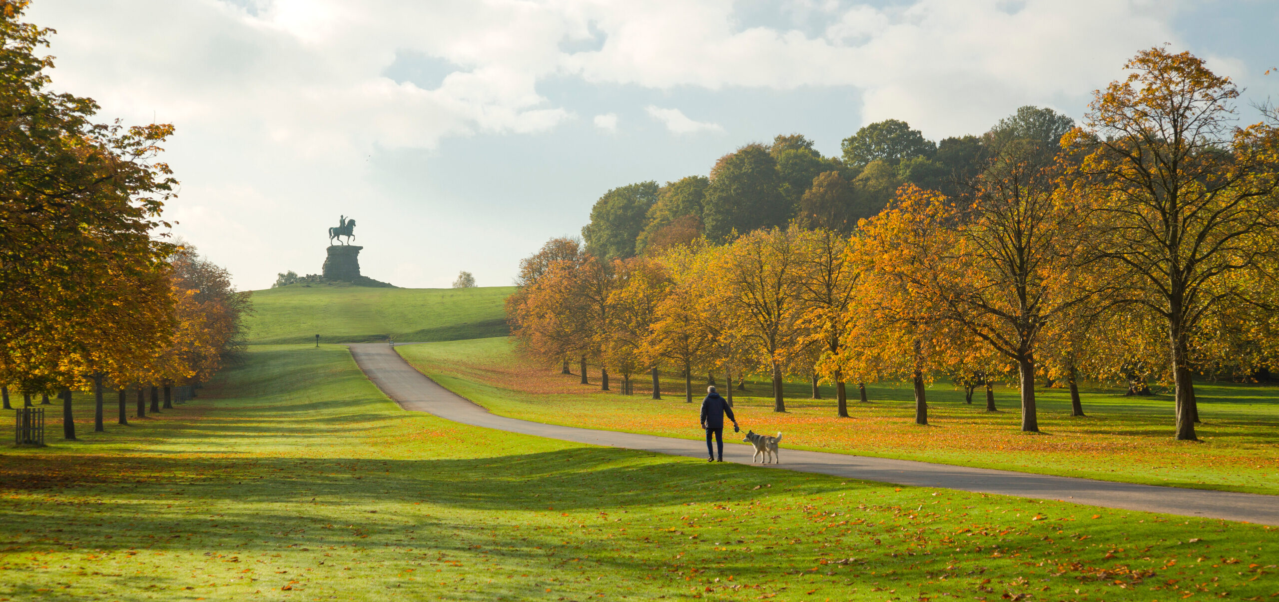 An autumn view of The Long Walk, lined by trees with a statue in the background.