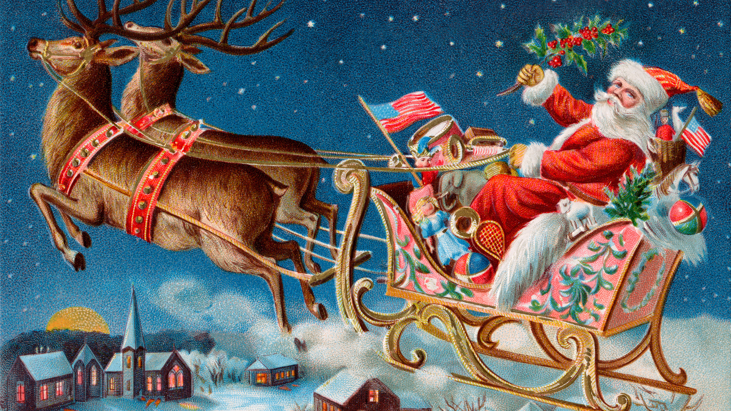 A vintage illustration of Father Christmas in a sleigh pulled by two reindeer, flying over a snowy town