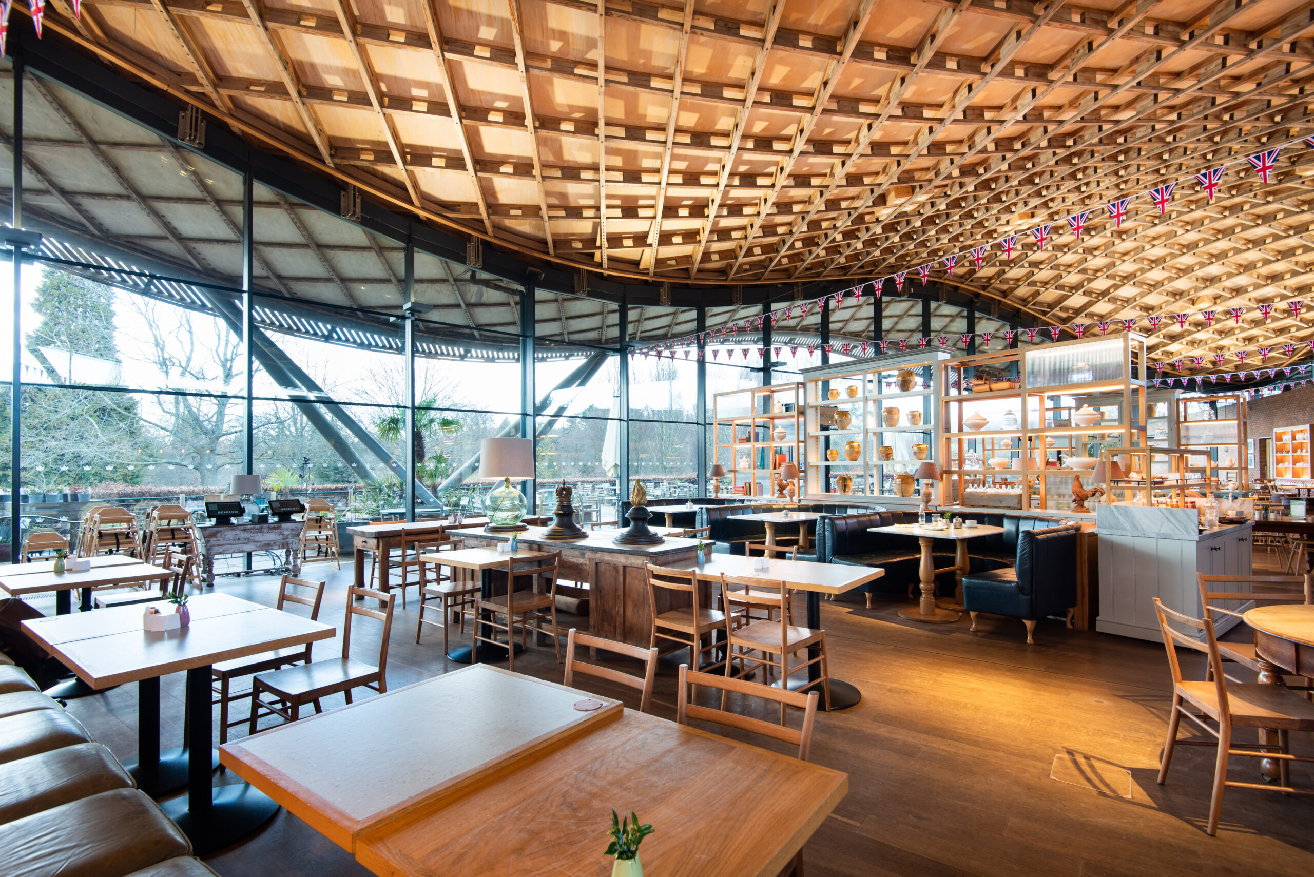 A picture of the interior roof of The Savill Garden Visitor Centre.