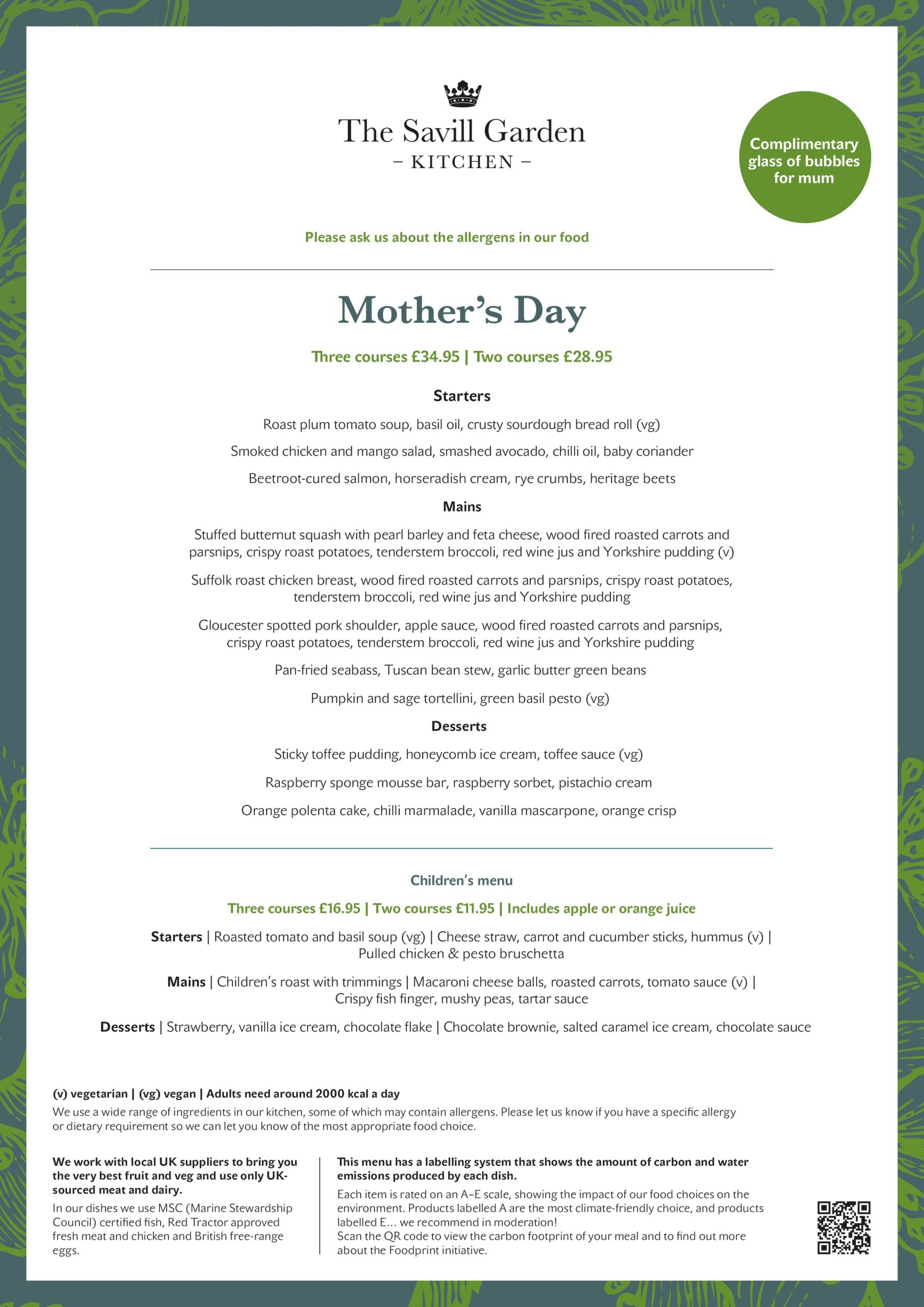 Mother's Day lunch menu.