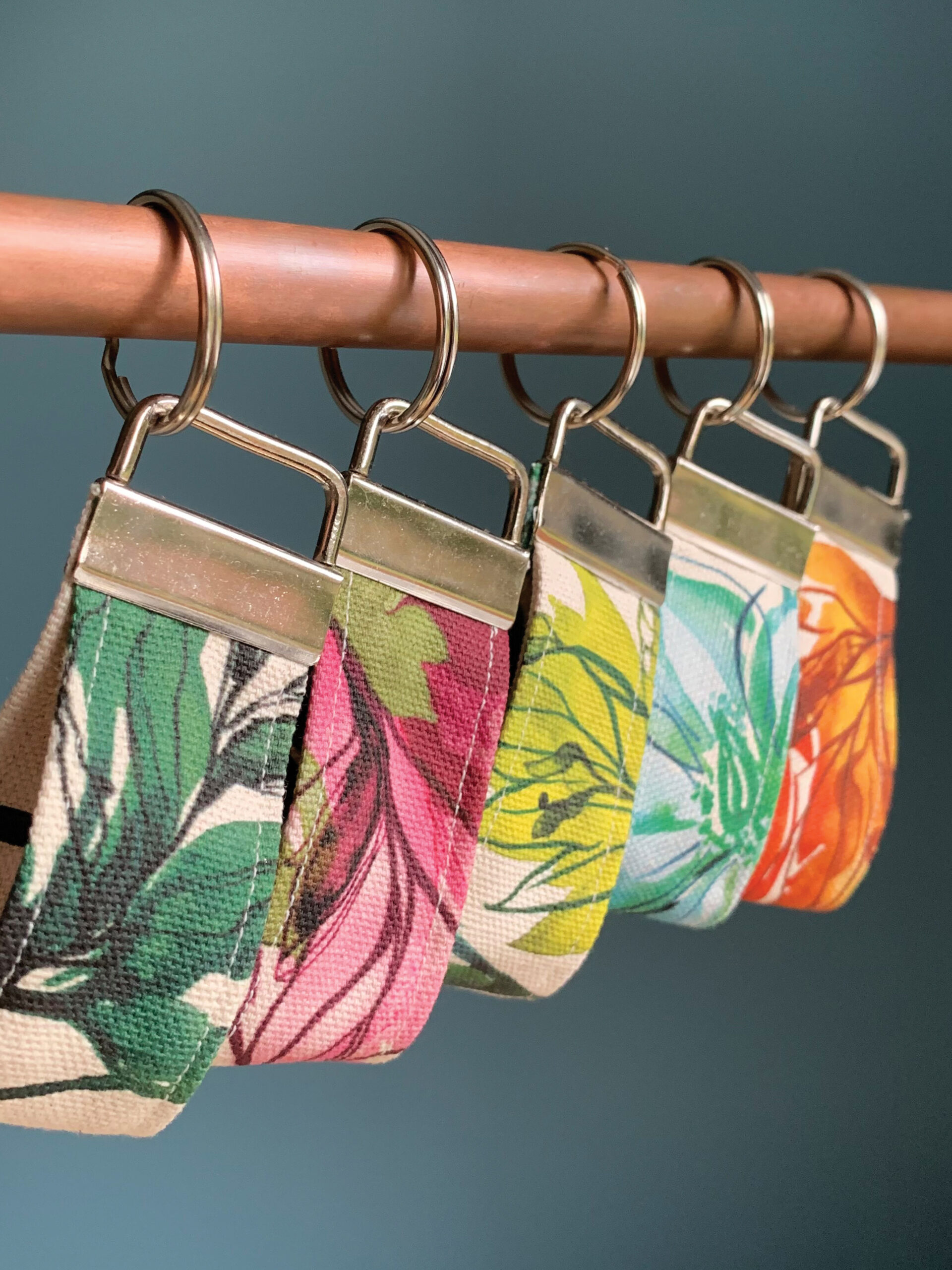 Five key rings made from fabric offcuts
