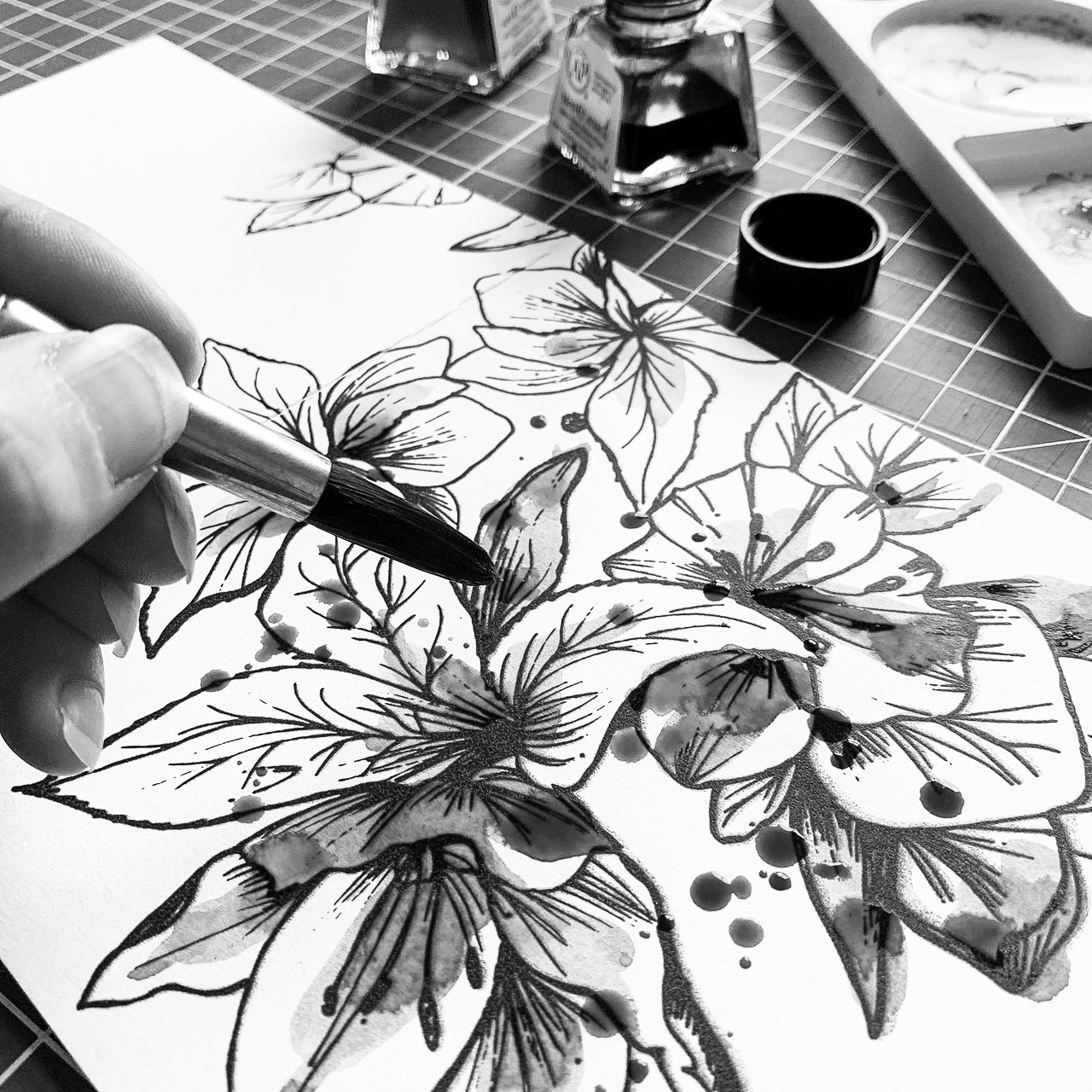 An ink illustration of a flower