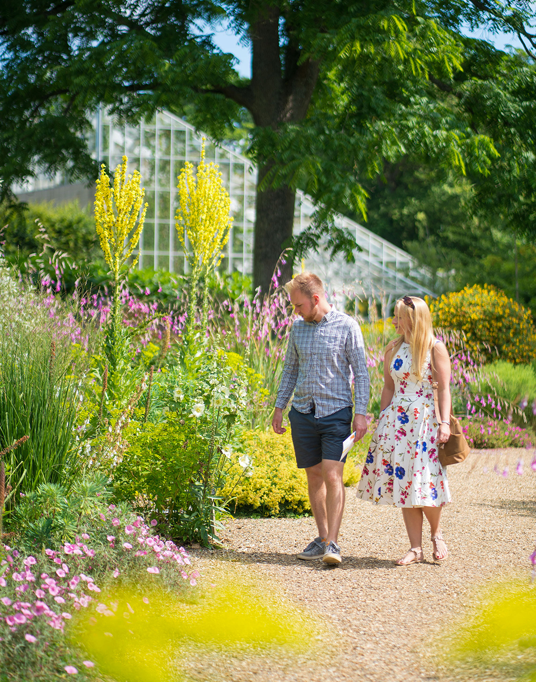 An adult couple walking in The Savill Garden.