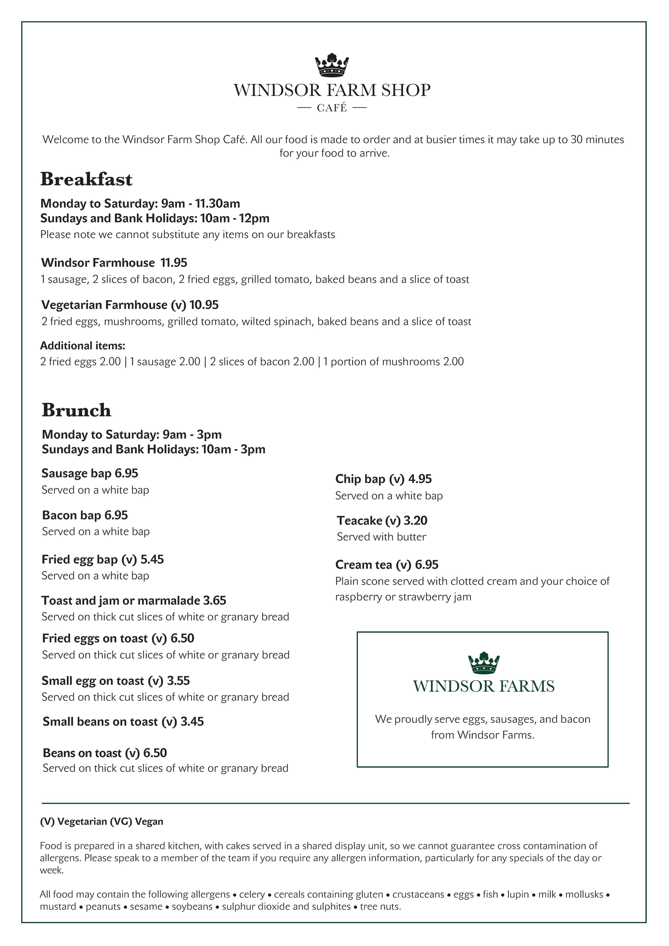 Windsor Farm Shop Café menu
