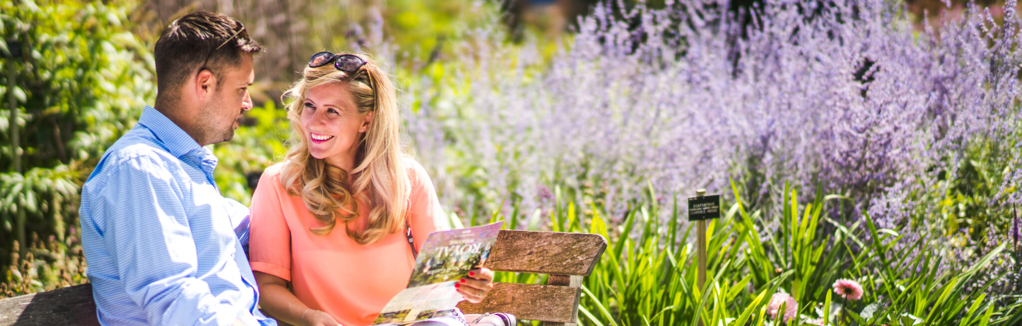 Couple sitting on a bench surrounded by multi-coloured flowers.
