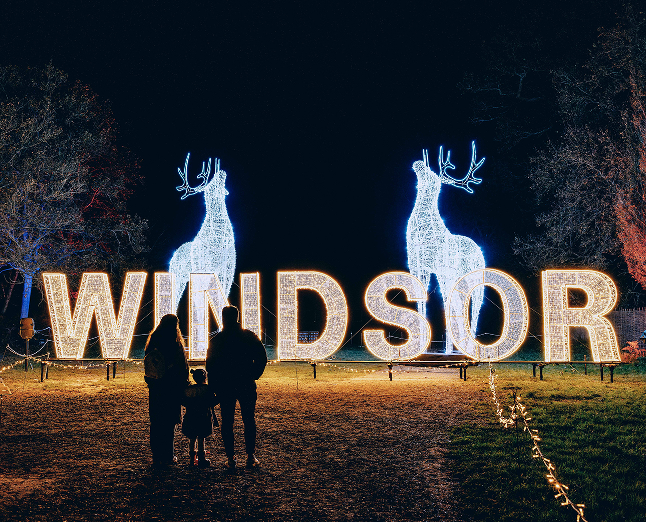 Family stood in front of a light display of the word Windsor and two Stags.