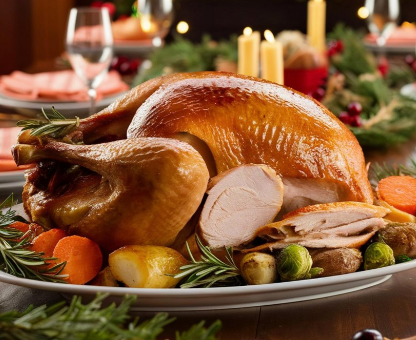 Christmas lunch with mulled wine, Christmas Pudding and table dressings.