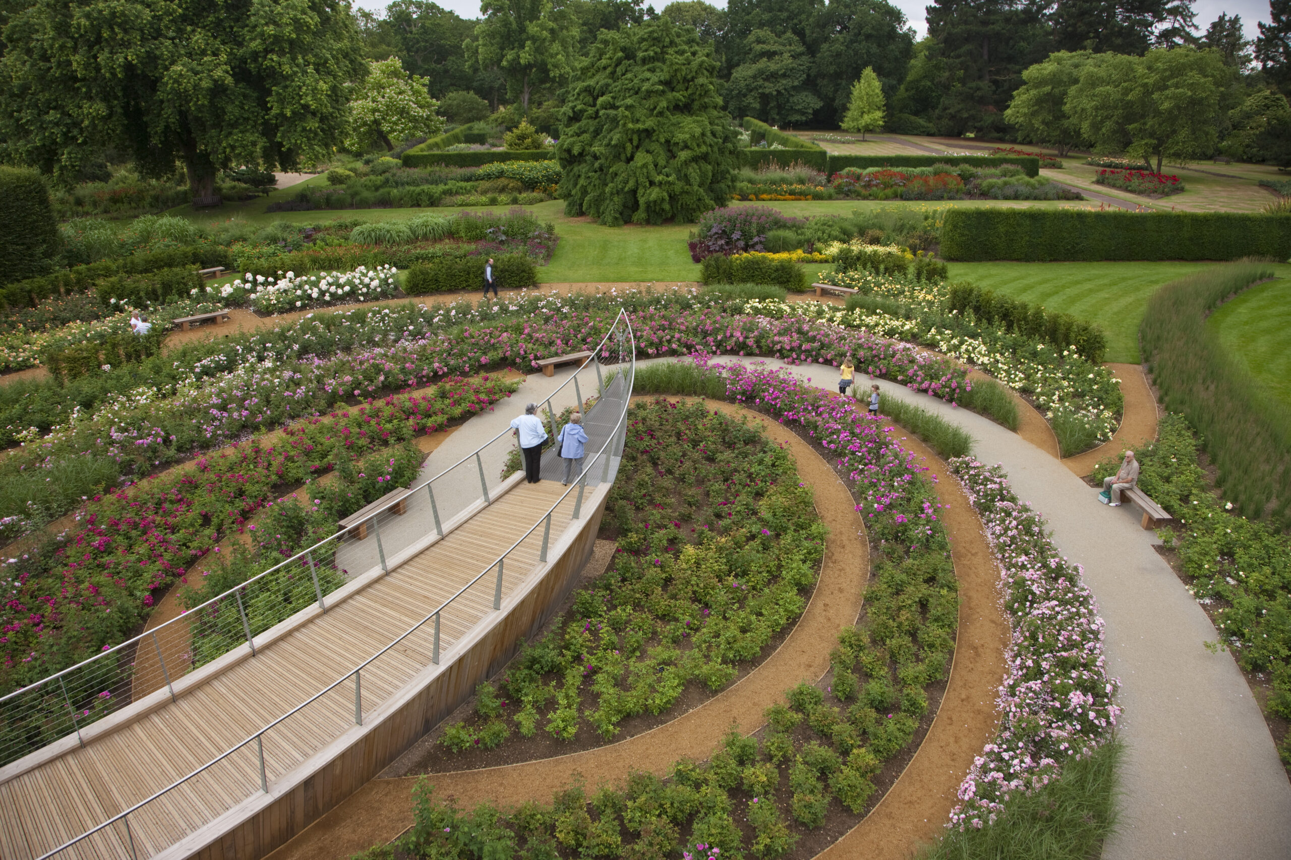 An aerial view of the Rose Garden with its circular bedding and walkway