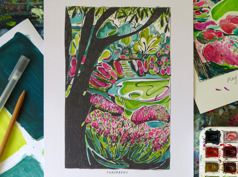 An illustration of the punchbowl painted with watercolours.