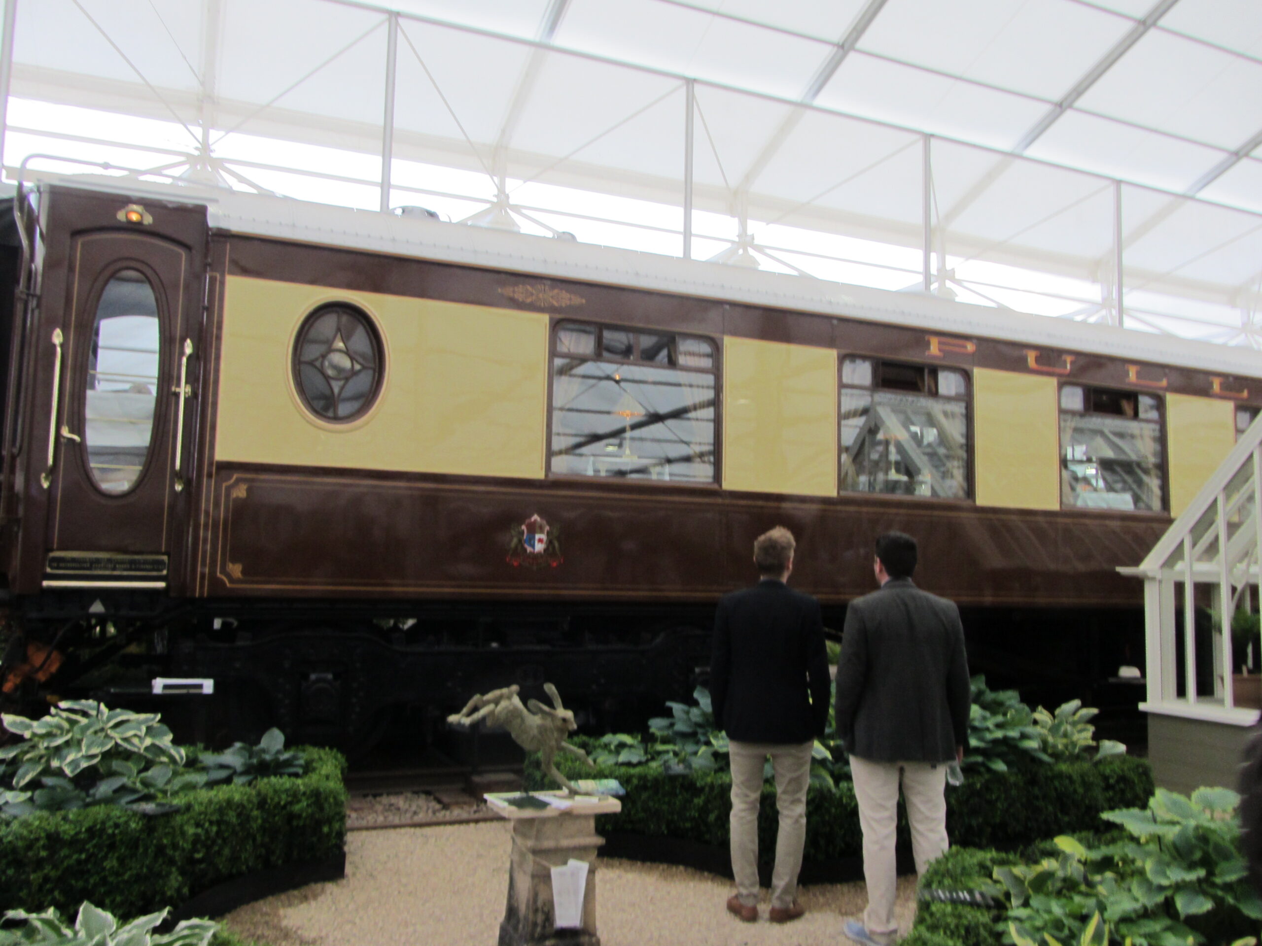 A train and floral display inside Chelsea Flower Show.