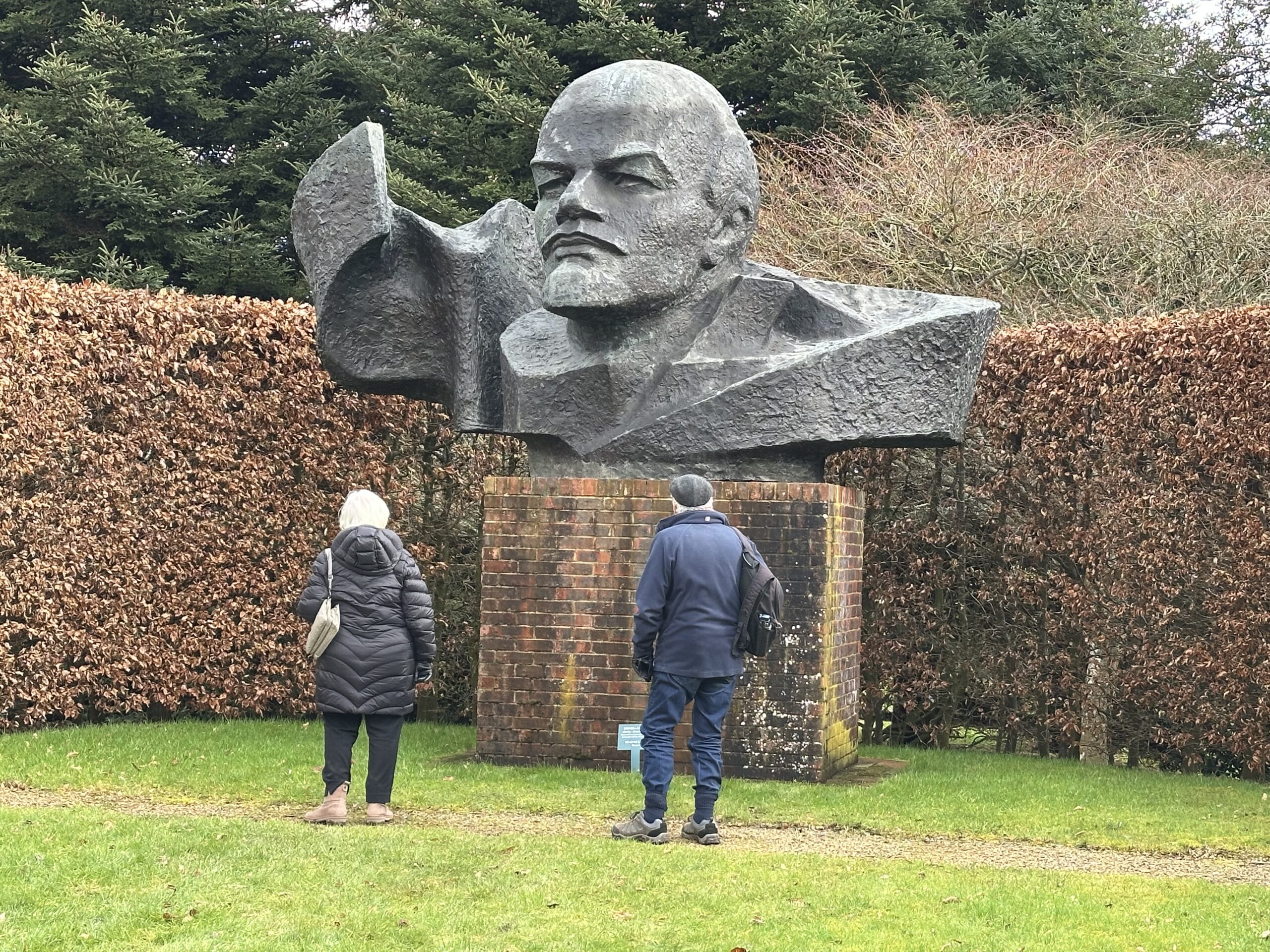 A large bronze head sculpture of Lenin