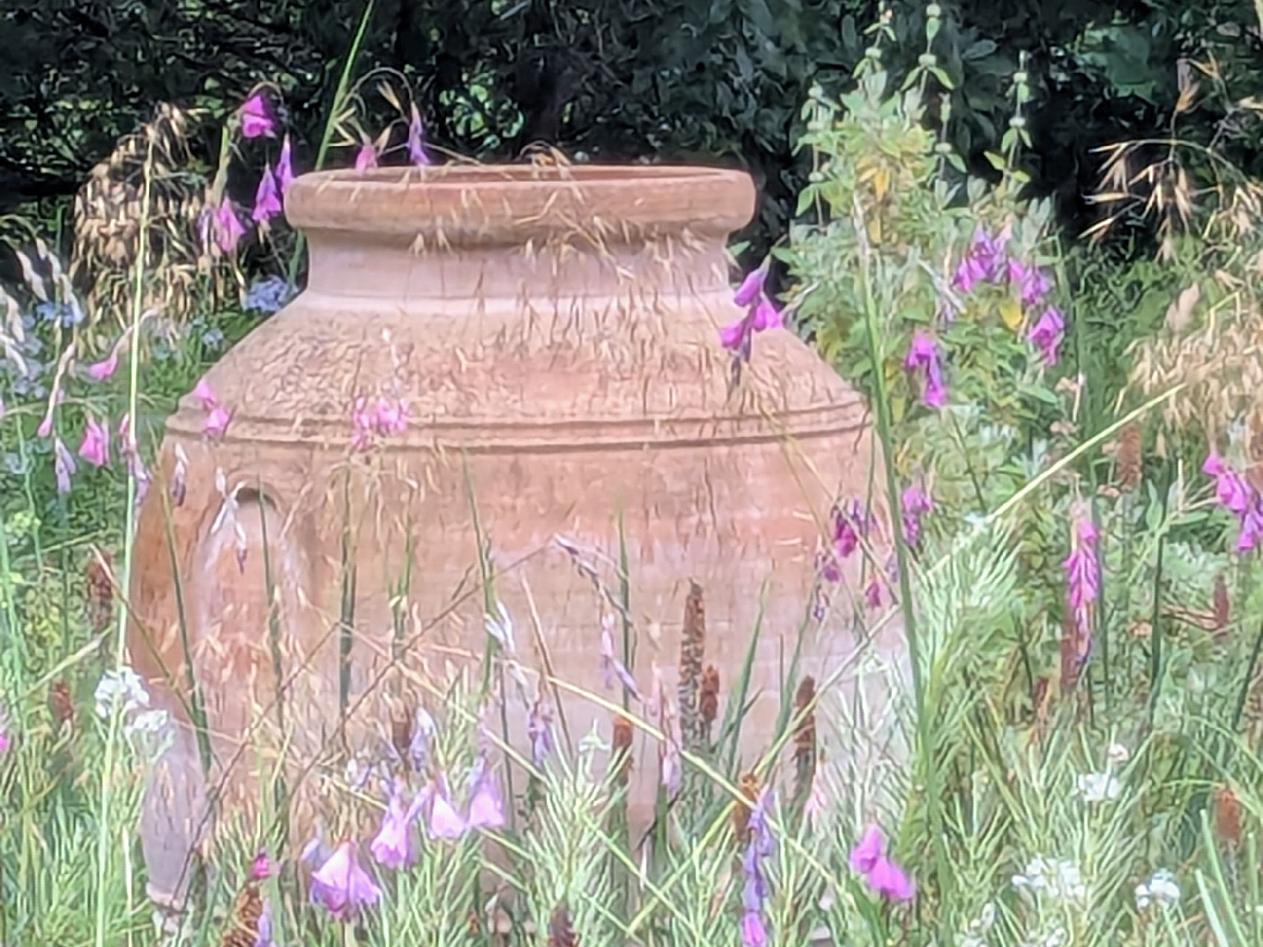 A large urn amongst grasses and flowers of pink, blue and purple.