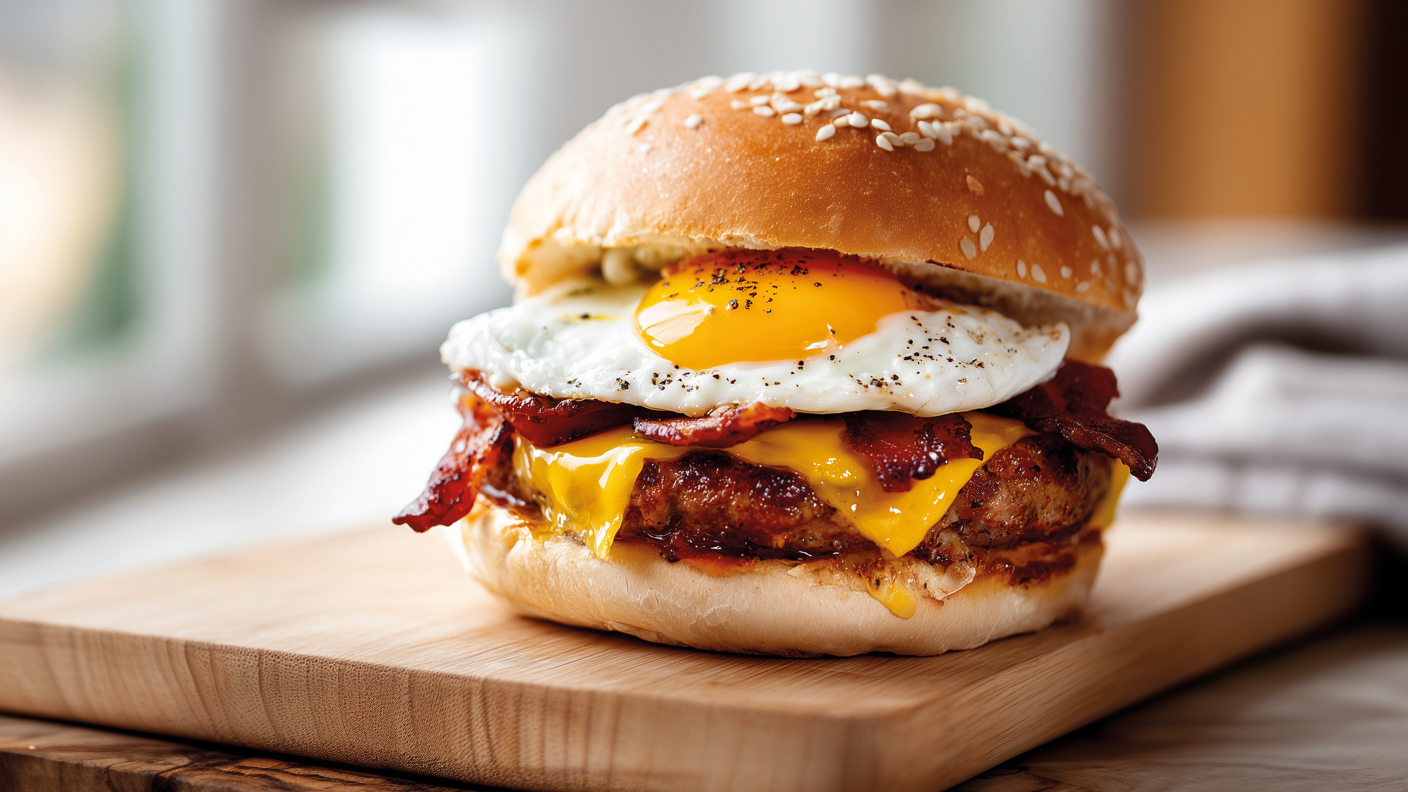 Burger in a seeded bun with soft yolk egg, bacon and cheese.