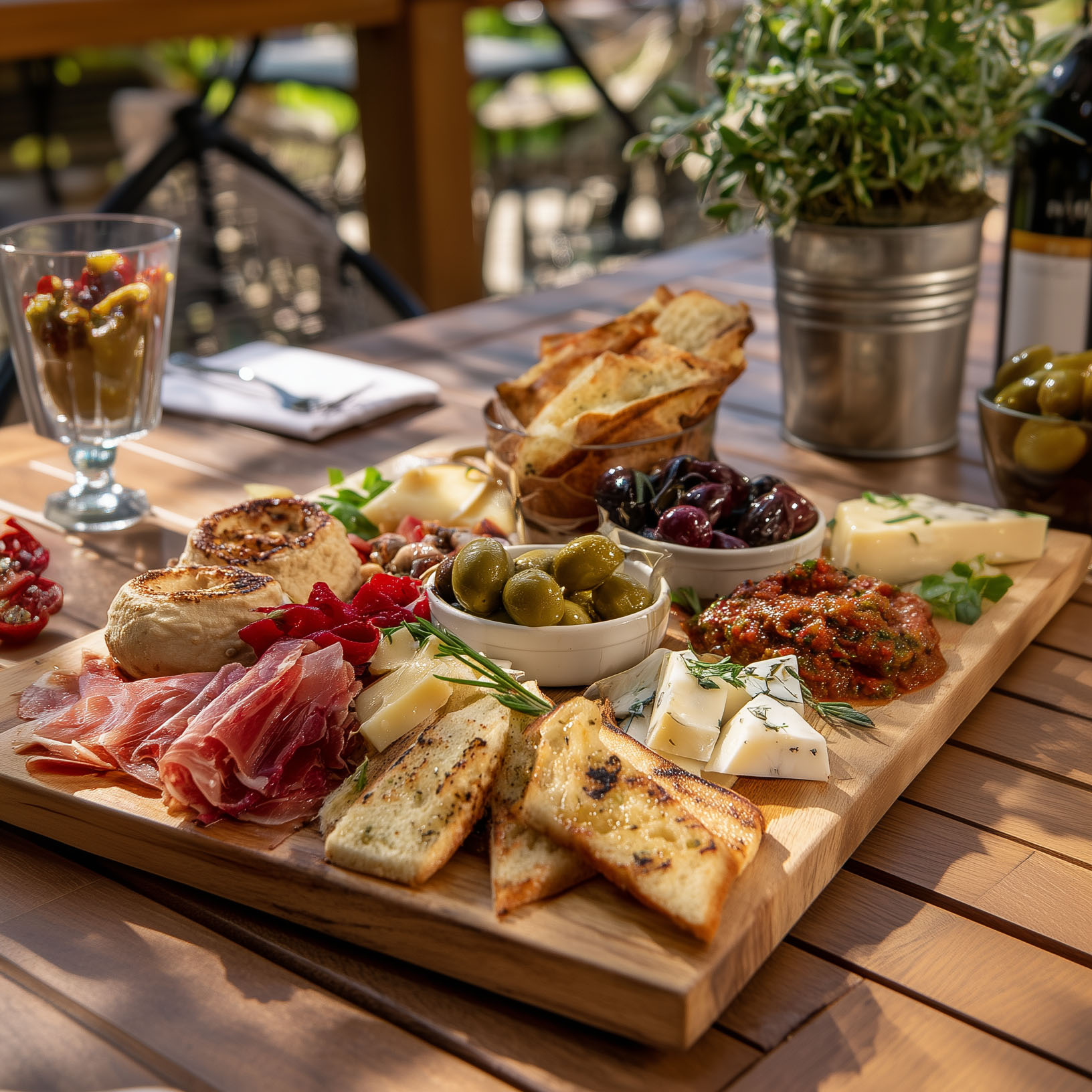 Italian antipasto board displayed on a wooden table with cutlery.
