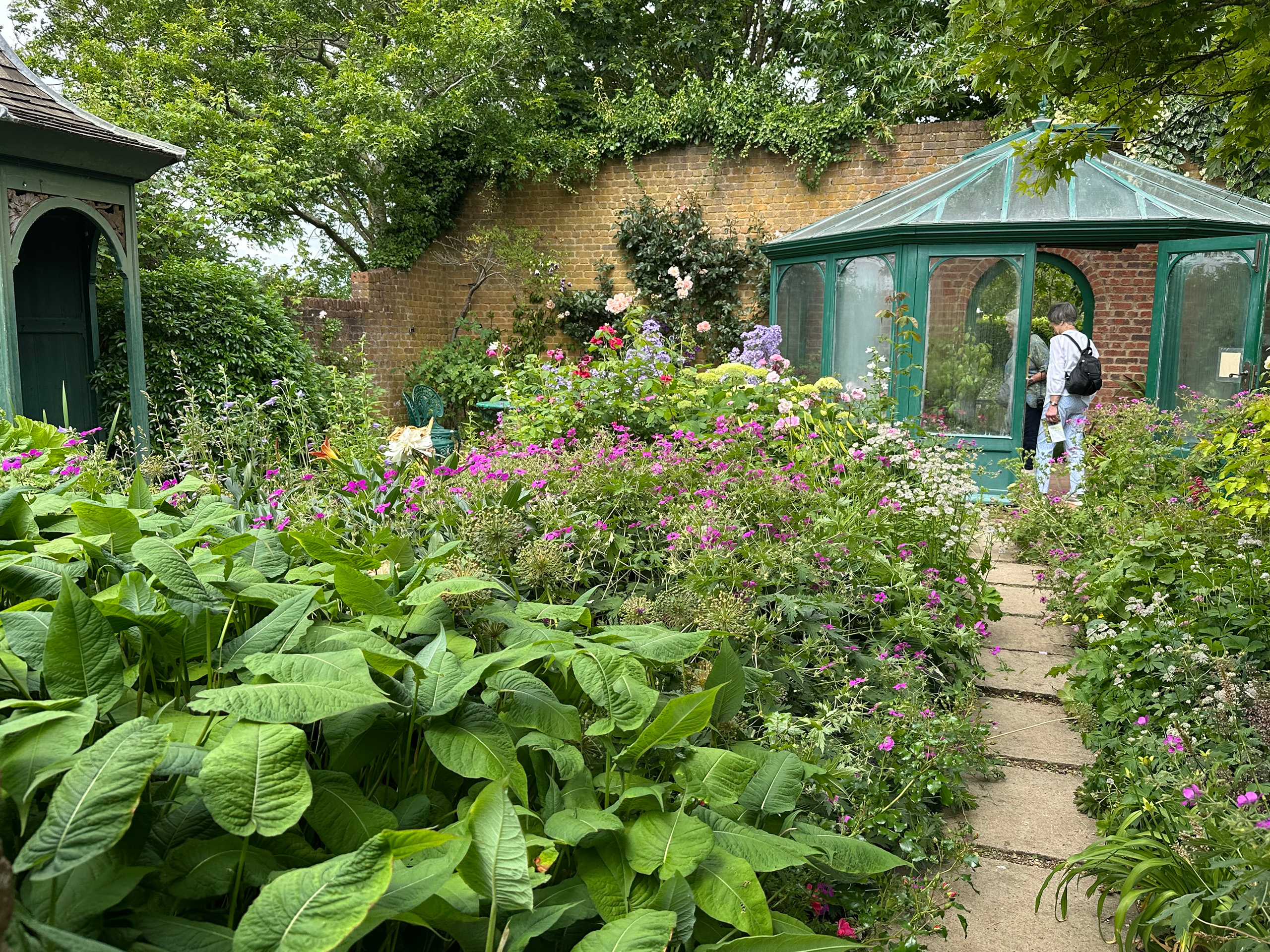 A footpath flanked by herbaceous shrubs with a glass greenhouse in the background.