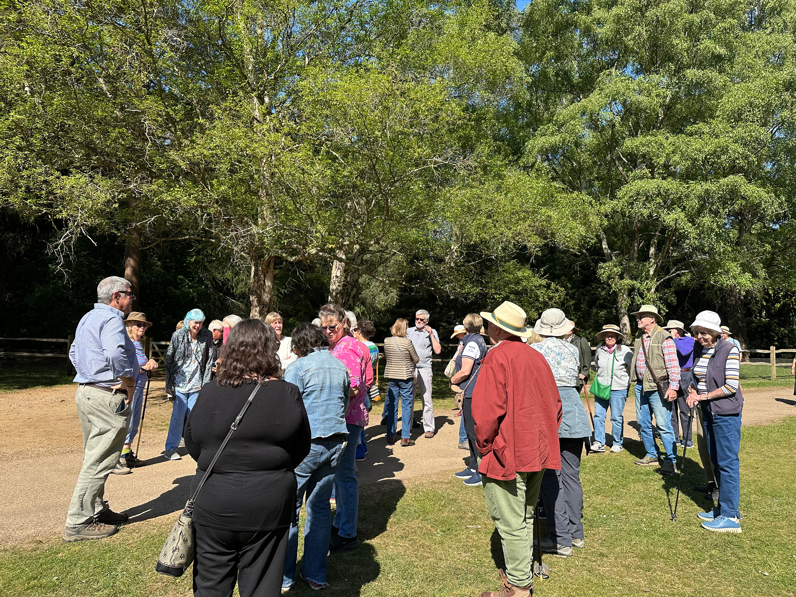 A group of people standing on a lawn with trees behind them.