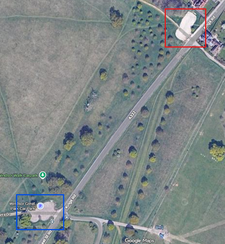Map showing the A332 with car parks ring fenced in Blue and Red.