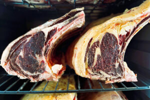 Cuts of beef in a dry-aging fridge.