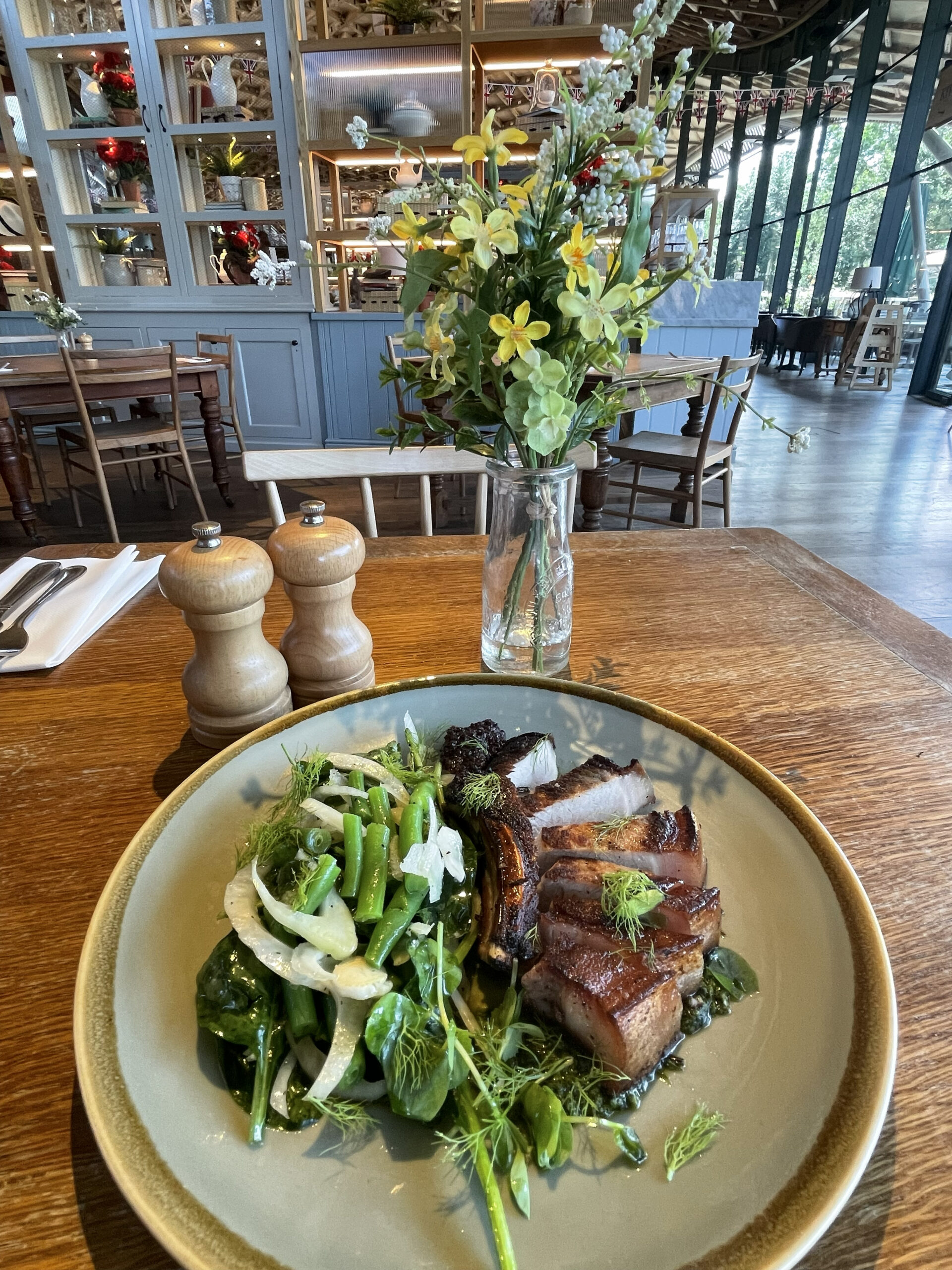 Grilled Pork Chop with Fennel & Green Bean Salad, Salsa Verde and Grape Mustard - with table setting.