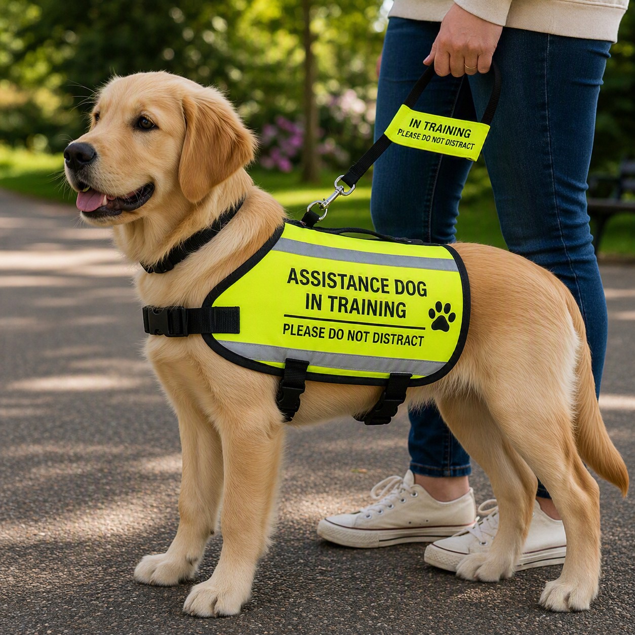 Dog wearing an Assistance Dog in Training Jacket with its handler.