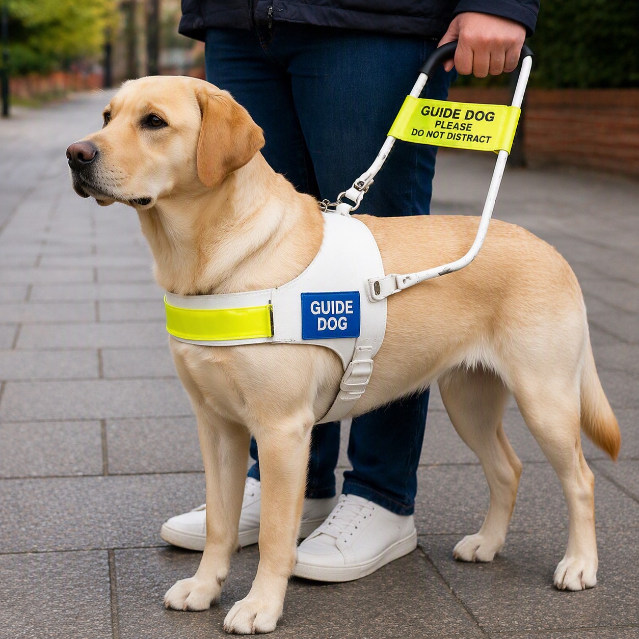 Dog with its handler using a Guide Dog Harness.